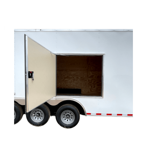 An Escape Door enclosed trailer on a white background.