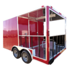 A red enclosed trailer on a white background.