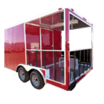 A red enclosed trailer on a white background.