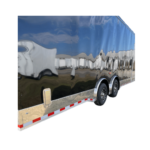 A silver enclosed trailer on a white background.