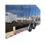 A silver enclosed trailer on a white background.